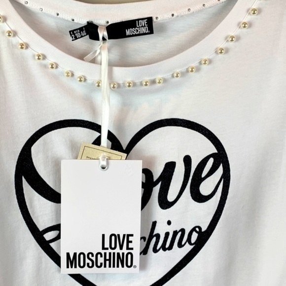 Authentic Love Moschino Faux Pearl Embellished Glittered Tee NWT - Picture 10 of 14